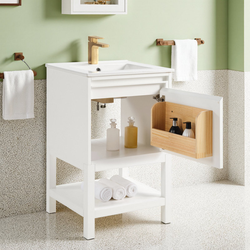 Meuble-lavabo moderne en bois massif de 20 po avec tablette réglable en frêne naturel, Blanc