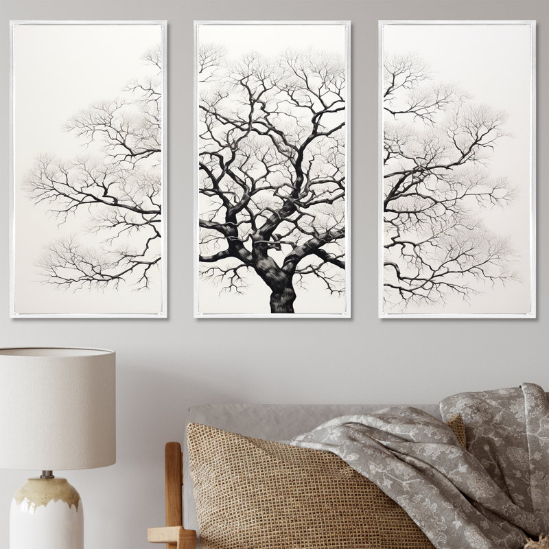 Minimalism Black And White Trees Oak - Tree Oak Wall Decor Set, 32" H x 48" W, White Floater Framed