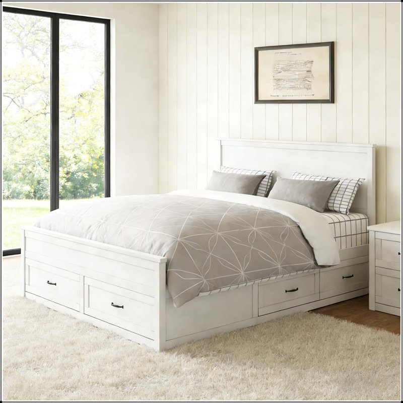 Structure de lit grand avec 6 tiroirs de rangement en bois, Blanc