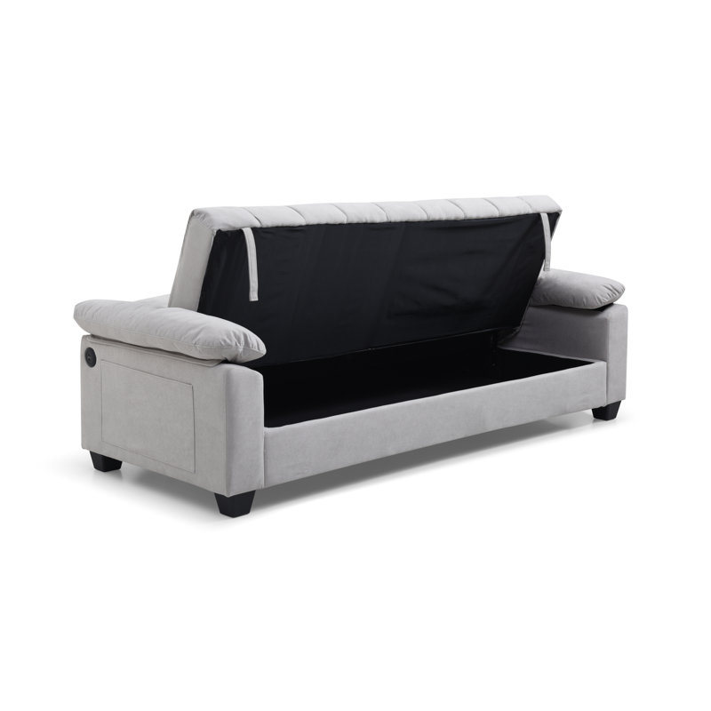 Canapé-lit avec rangement et poche latérale, port de chargement USB, fauteuil inclinable en futon pliant en velours cygne pour les petits espaces