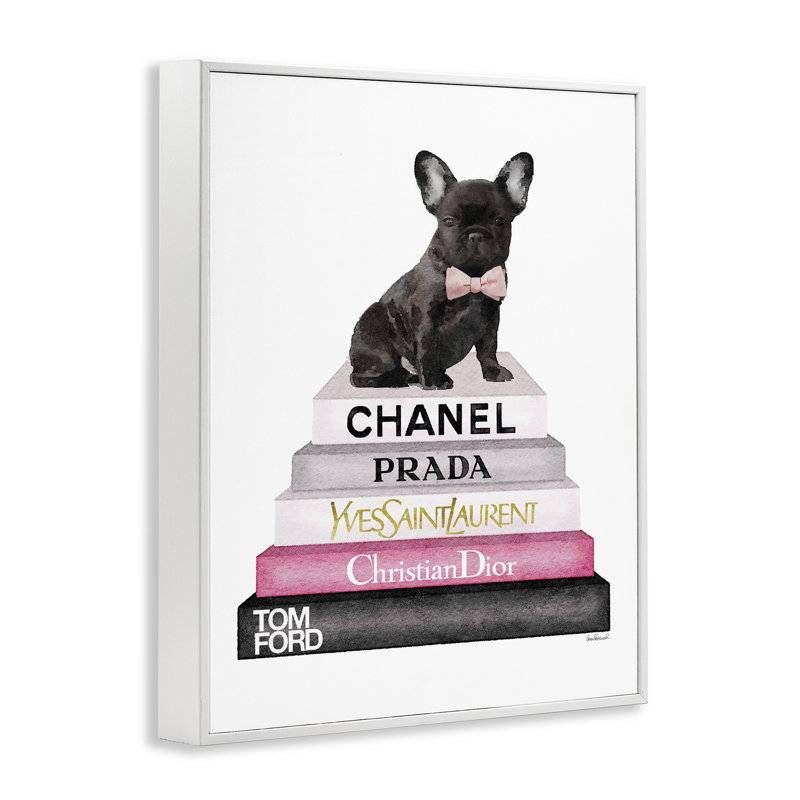 «Book Stack Fashion French Bulldog», impression, Giclée encadrée blanc bord de mer, H 11 po x l 14 po