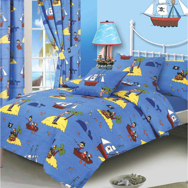 TREASURE ISLAND Devoe Blue/Yellow/Brown 132 TC Coastal Duvet Cover Set, Double Duvet Cover + 2 Standard Pillowcases