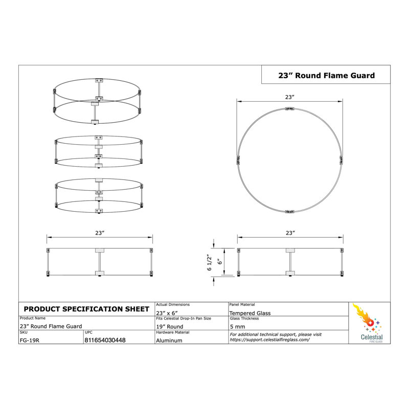Garde-vent rond pour foyer, H 6 po x l 23 po x P 23 po