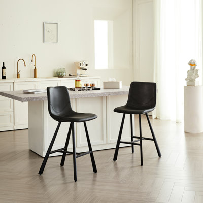 Tabourets de bar noirs en similicuir avec repose-pieds ergonomique en métal et pieds fuselés, 2 pour la maison, îlot de cuisine, salle à manger moderne, repose-pieds de construction, intérieur