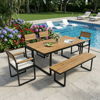 Ensemble repas 6 pièces en bois d'acacia avec 4 chaises, 1 banc et coussins, pieds réglables pour patio et jardin
