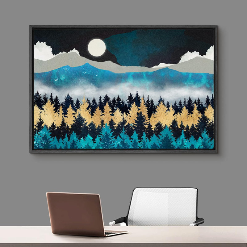 «Woodland Teal Granite Mountain Range Forest Nature Wilderness Modern Art Rustic Zen Landscape» sur toile, Noir