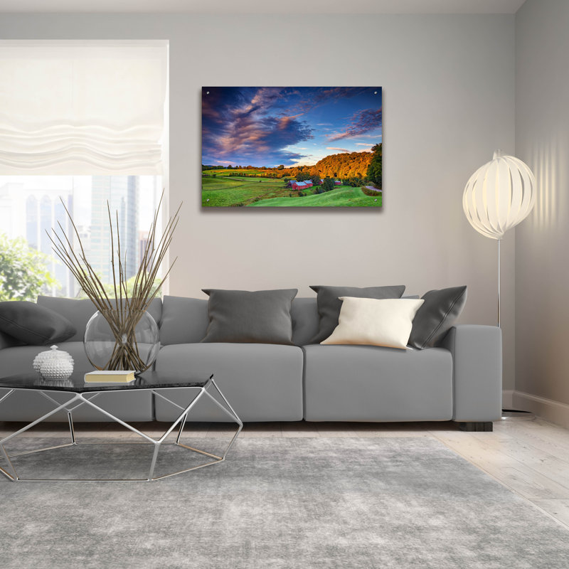 Art mural en verre Ebern Designs «First Light On Jenne Farm» par Rick Berk, H 24 po x l 36 po x P 0,2 po