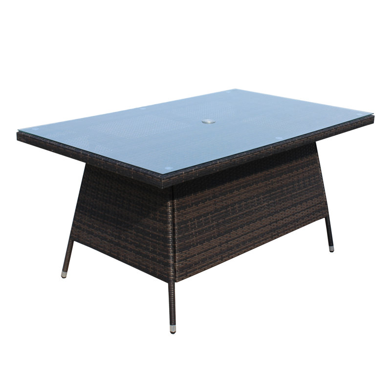 Table de salle à manger de patio rectangulaire avec cadre en verre et aluminium, brun et imperméable, plateau extérieur à assembler