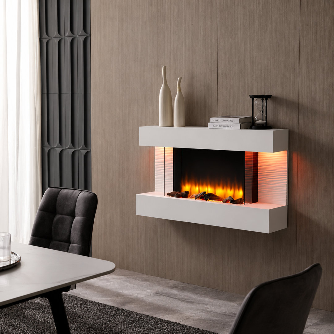 FLAMME Kingston Wall Mounted Electric Fireplace White with 3 Flame Colours and 13 Mood Lighting Options 1.8kW heater