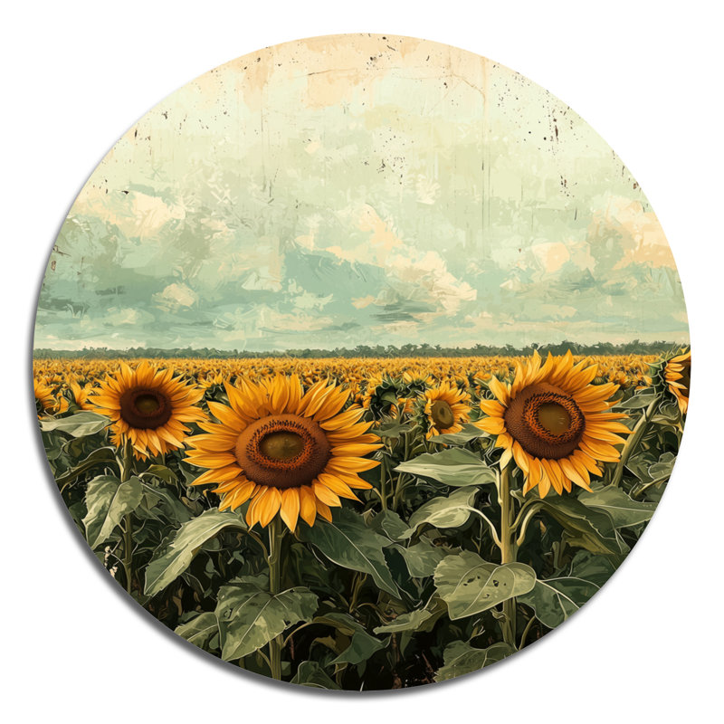 Été tournesol prairie dans les prairies II - tournesols, art mural rond en métal, H 36 po x l 36 po