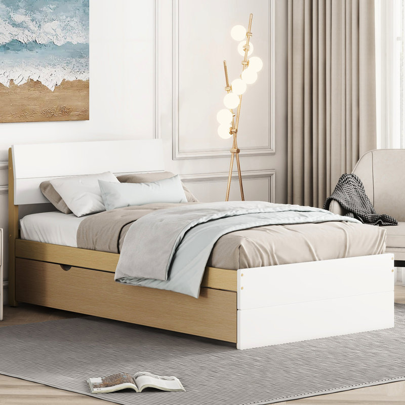 De lit simple et attrayant avec lit gigogne en chêne blanc brillant pour tête de lit moderne, Blanc / Chêne clair