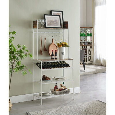 Baker’s Rack 15" for Kitchen with Storage Shelves & Hooks, Microwave Stand Coffee Bar Station with Wine Rack Holder