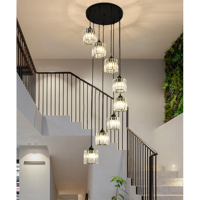 Lustre moderne en cristal pour plafonds hauts, luminaire suspendu réglable avec abat-jour en cristal K9, convenant au vestibule, à l'escalier et au salon