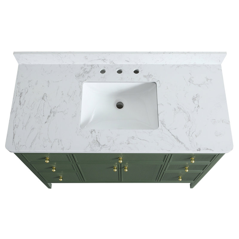Meuble-lavabo autoportant de 48 po entièrement assemblé avec structure en bois massif et plateau en marbre d'ingénierie, Vert