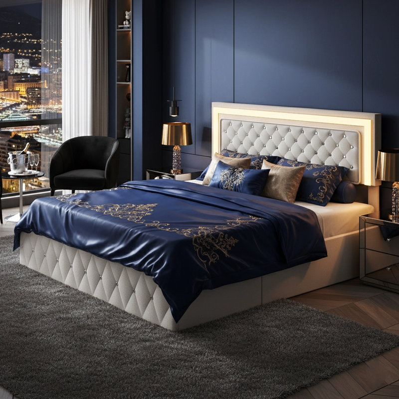 Velvet Ottoman Bed With LED Headboard, Glam Upholstered Storage Frame With Crystal Tufting, Black & Beige, Beige