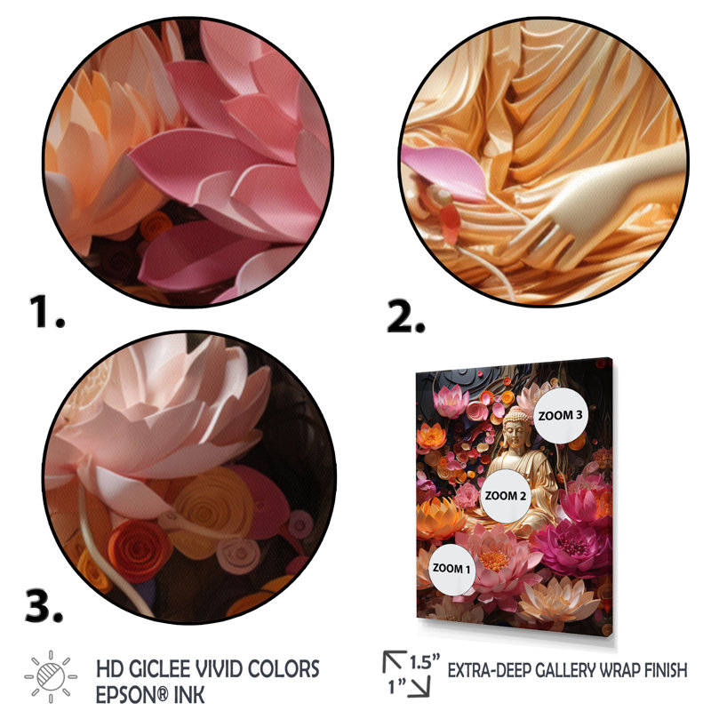 Reproduction d'art sur toile encadrée, "Bouddha rose doré", L 16 po x H 32 po, Cadre flottant doré