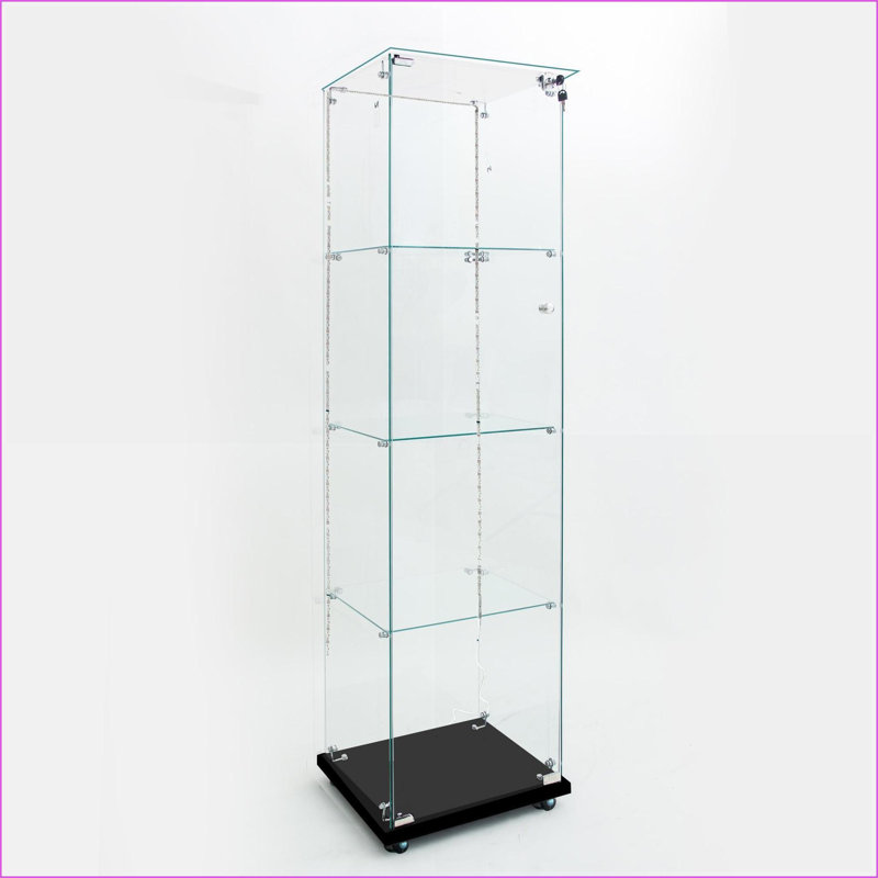 Armoires, vitrine moderne en verre trempé avec lumières DEL Bluetooth, serrure de porte et amp; Roulettes roulantes, H 65 po x L 15,7 po x l 13,6 po noir | Panneau de particules, verre trempé | Salon