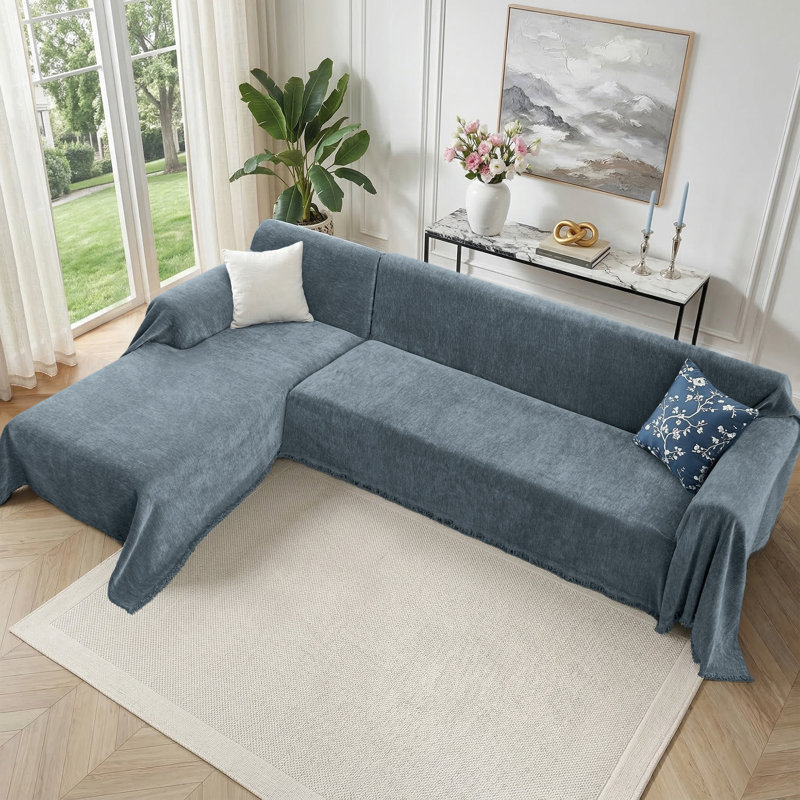 Housse de protection pour canapé modulaire en L 2 pièces lavable à la machine, Bleu cendré, H 134 po x l 91 po