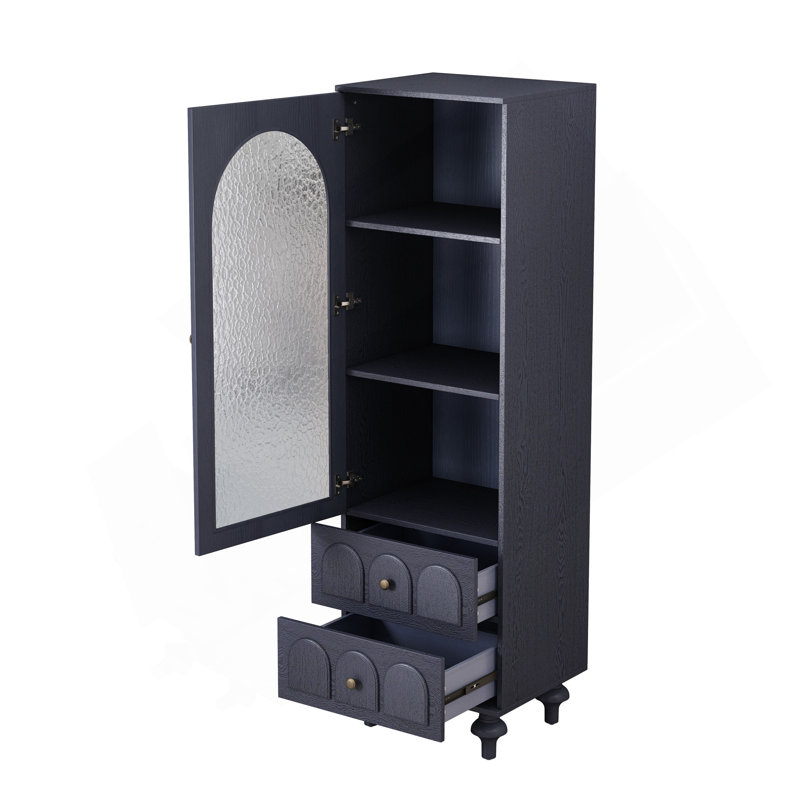 Grande armoire de présentation de 62,99 po avec porte en verre trempé, deux tiroirs et une tablette ajustable, solutions de rangement spacieuses, pour le salon, la chambre à coucher, la cuisine et le bureau, bleu foncé