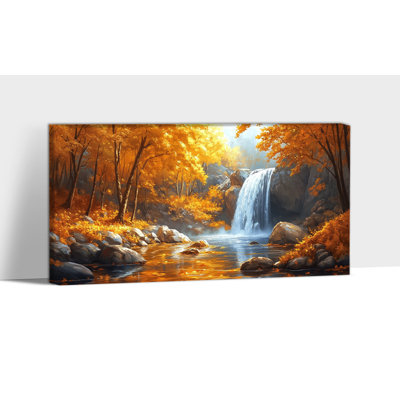 Fall Landscape Wall Art - Autumn Waterfall Scene Canvas Wall Artwork for Living Room, Vintage Fall Pictures Wall Decoration for Home Decor Frame Wrapped Canvas Print, 12×24 inches