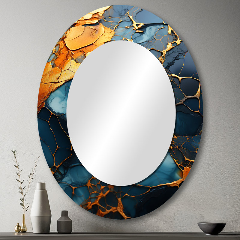 Agate topaze dorée et verte granit III - miroir décoratif ovale abstrait sur métal, H 43 po x l 33 po
