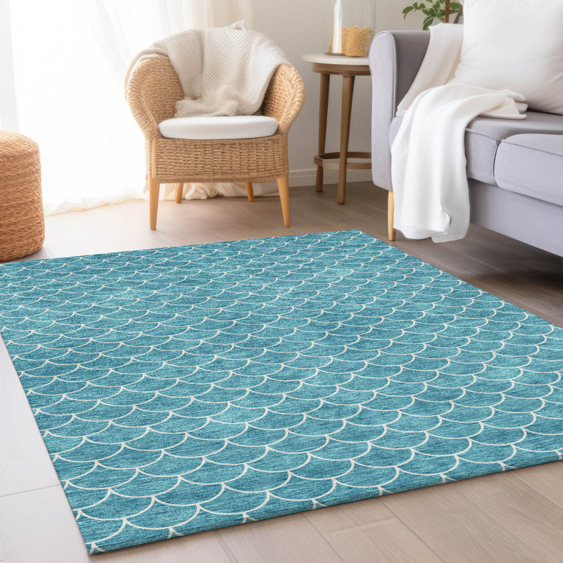 Tapis bleu sarcelle lavable à la machine Premium Prisco, Rectangle 10 pi x 14 pi