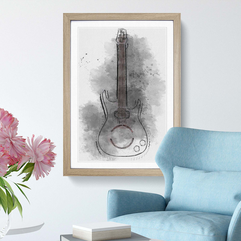 Neon Electric Guitar in Abstract - Framed Print, 87cm H x 62cm W x 2cm D, Oak Framed
