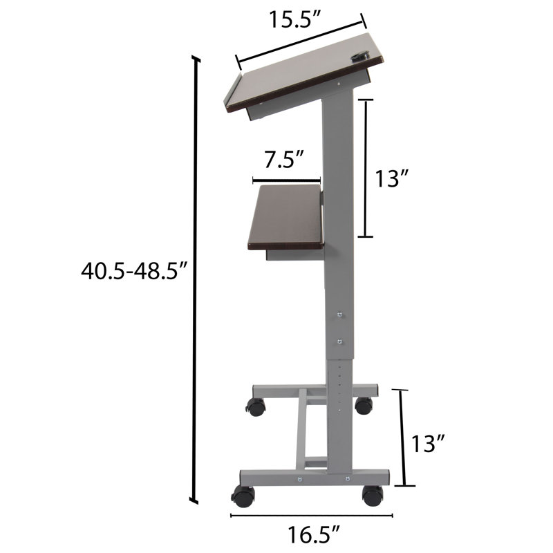 Adjustable Height Silver Frame Rolling Lectern with Walnut Shelves