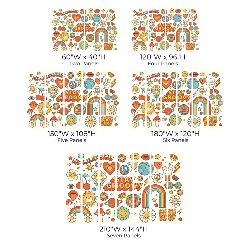 Murale pelez et collez de qualité supérieure - Style rétro hippie, L 120 po x L 96 po