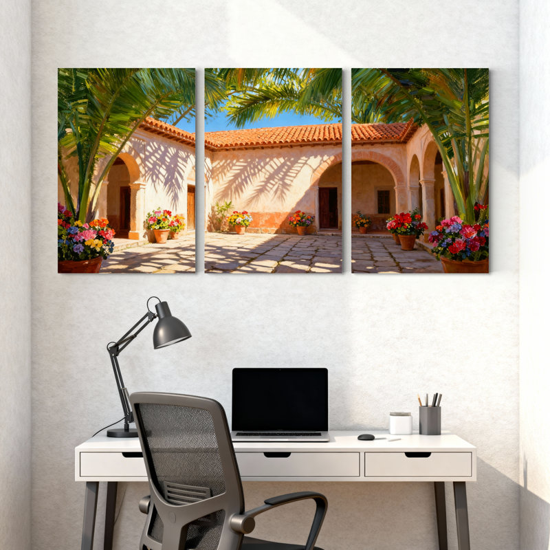 Palmiers, cour, palmiers, fleurs, soleil, arche, réflexions, ensemble de 3 impressions sur toile, H 18 po x l 36 po