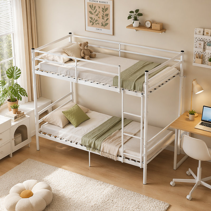 Lit superposé avec échelle et lit superposé en métal à garde-corps haut, espace de rangement, silencieux, taille simple sur simple, blanc