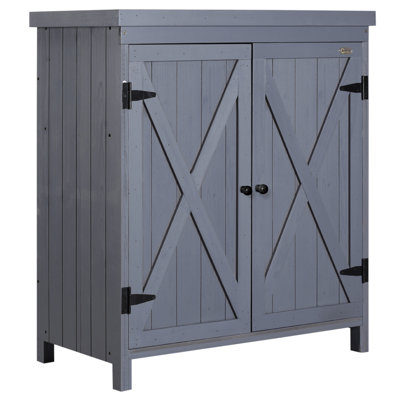 Garden Storage Cabinet, Outdoor Tool Shed With Galvanized Top And Two Shelves For Yard Tools Or Pool Accessories, Grey