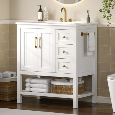 36'' Bathroom Vanity With Ceramic Sink, Freestanding Bathroom Sink Cabinet With 3 Drawers & Open Shelf