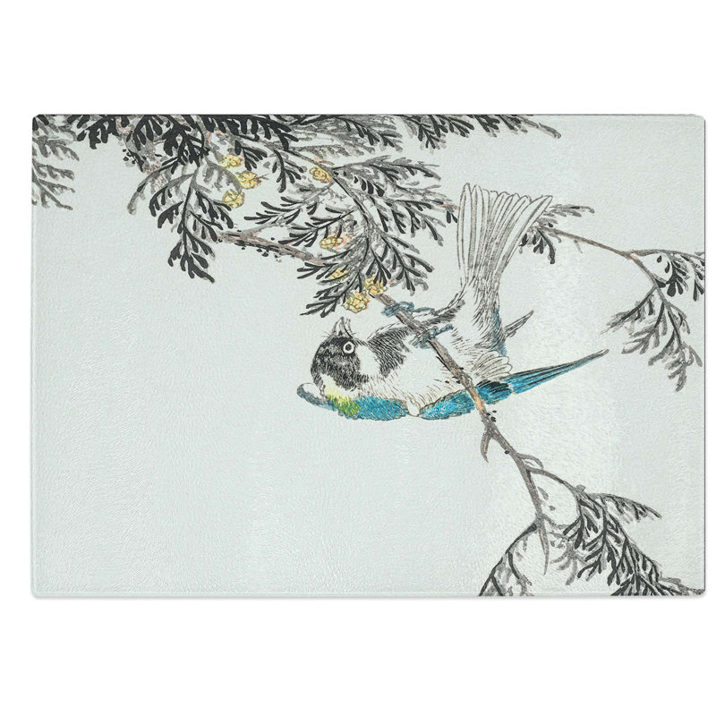 Glass Great Tit Bird On A Cypress Tree by Numata Kashu Chopping Board, 39 cm W x 28.5 cm L