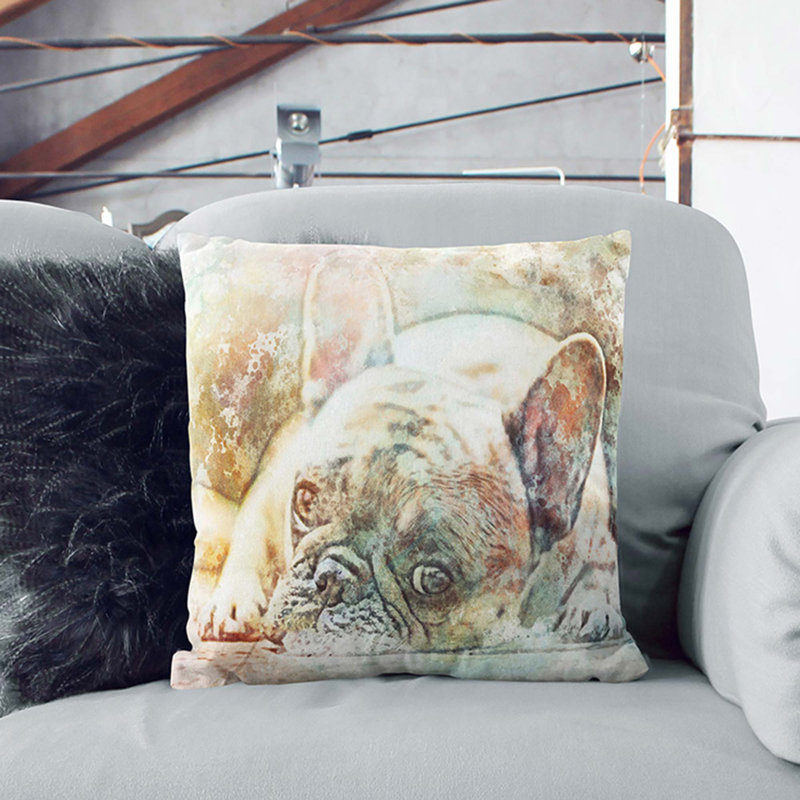 Fawn French Bulldog Dog in Abstract Cushion with Filling, Black, 40cm H x 40cm W x 15cm D