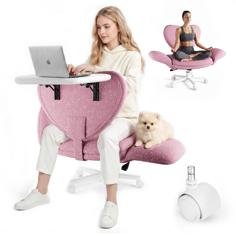 Office Chair with Laptop Tray, Criss Cross Chair with Flip Arms & Wheels, Ergonomic Cross Legged Office Chair, Gliter Fabric Wide Seat Reclining Desk Chair, for Work, Gliter Pink