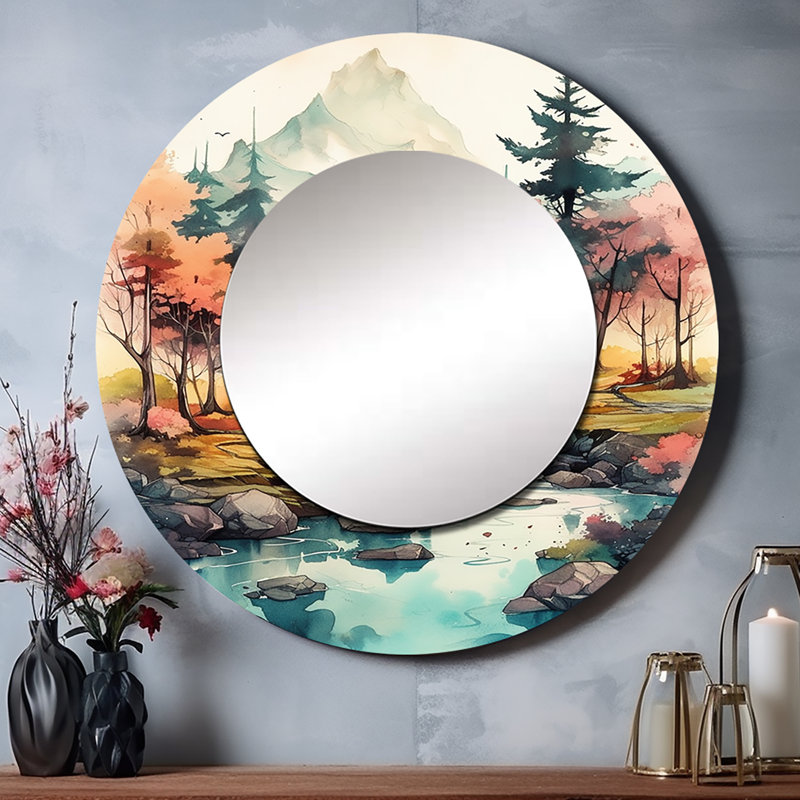 Montagnes colorées et rivière Shatique III - miroir orange, miroir mural décoratif rond traditionnel, impression d'art en métal