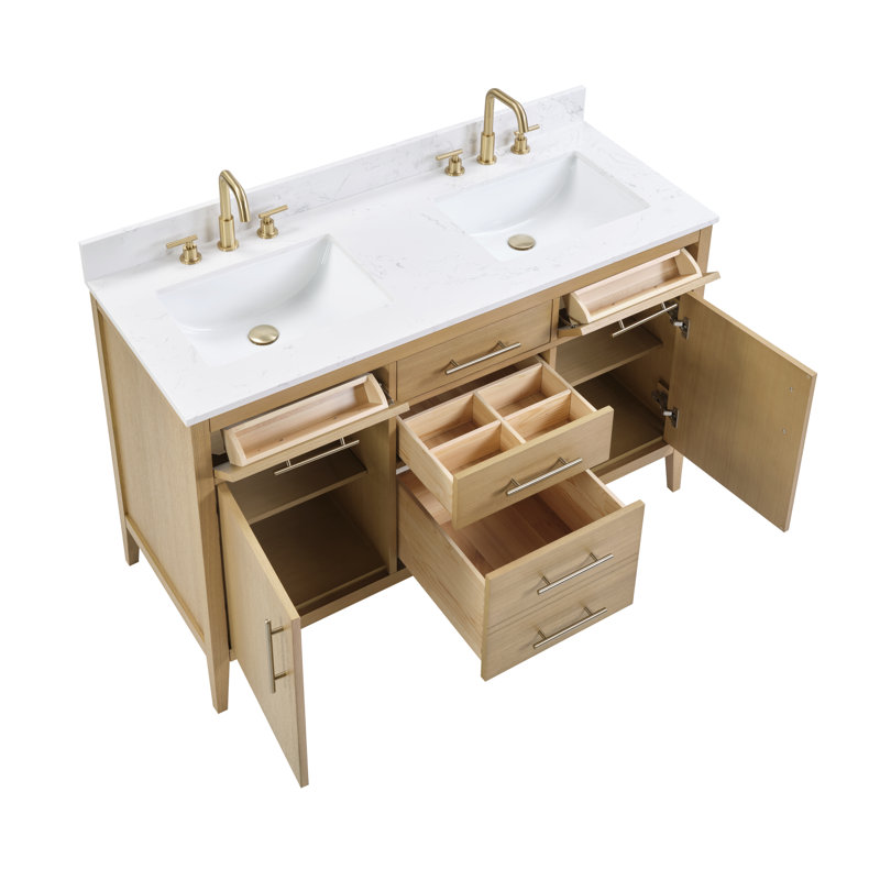 Ensemble de meuble-lavabo double 55 po avec comptoir en granite blanc à surface solide, Chêne