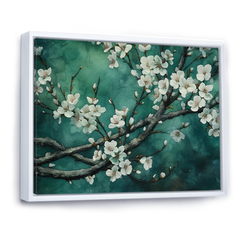 «Flower Whispers» sarcelle, fleurs de cerisier II - art mural floral, H 30 po x l 40 po x P 1,5 po, Cadre flottant blanc