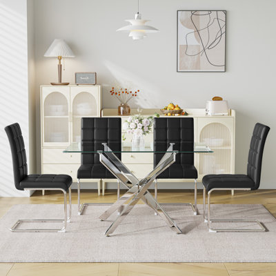 5-Piece Glass Dining Table Set With Faux Leather Chairs – Modern Rectangular Kitchen Table Set For 4