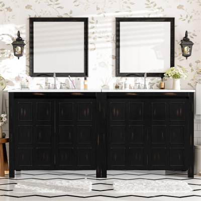Ensemble de meuble-lavabo 72 po avec lavabos doubles (séparés), lavabos doubles en céramique, portes à fermeture en douceur et tablette réglable - Armoire de rangement espresso rétro pour une organisation élégante de la salle de bain