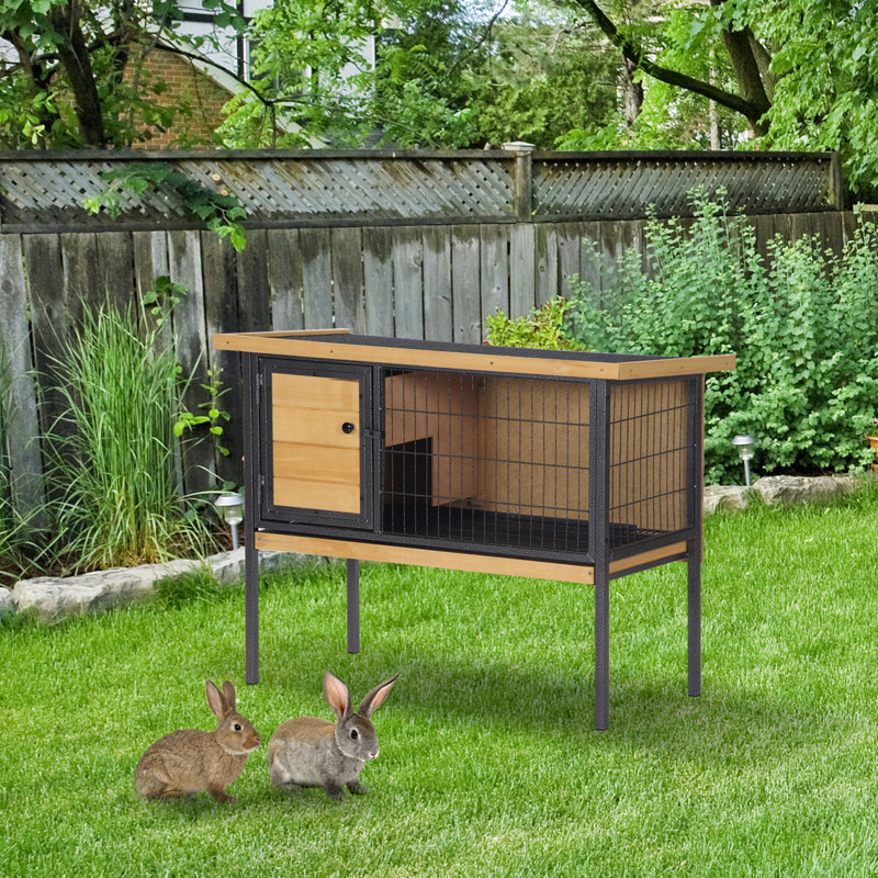 Cage à lapin surélevée Pawhut avec cage en métal pour petits animaux, Bois naturel