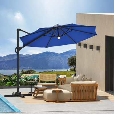 Parasol de patio en porte-à-faux 10 pi, DEL solaire, rotation à 360 °, protection UV pour la cour arrière, bleu marine