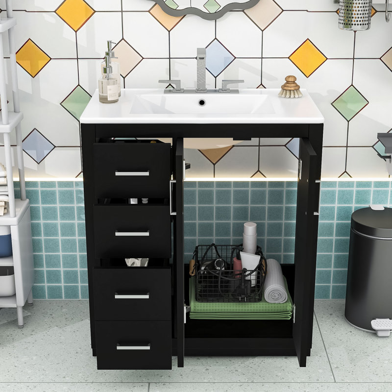 Durable Bathroom Vanity with Basin – Wood Frame, Sleek Design, Black