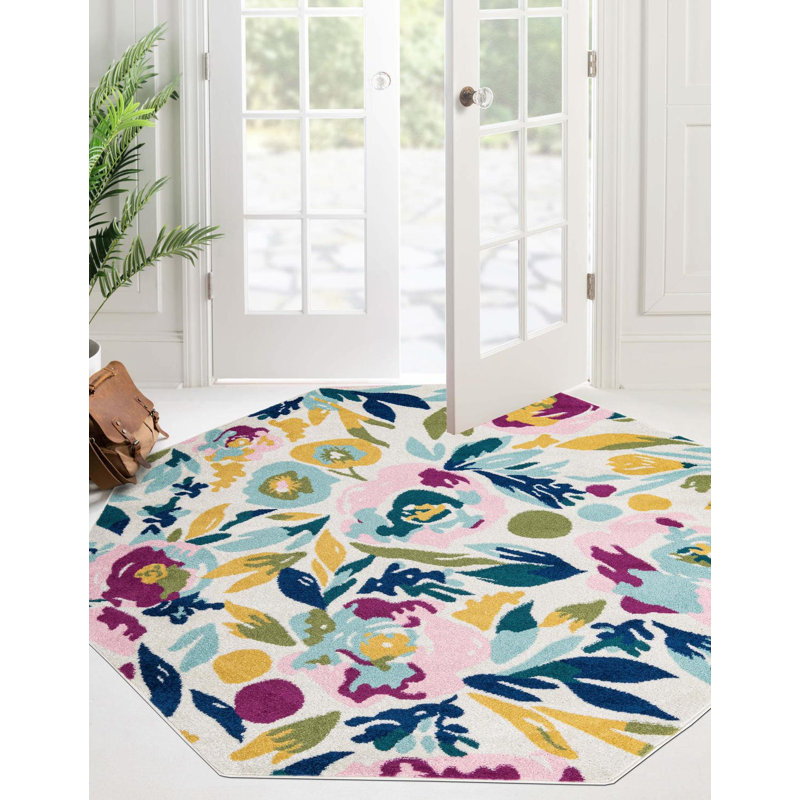 Holle Floral Area Rug, Octagon 7' x 7', White/Navy Blue/Yellow