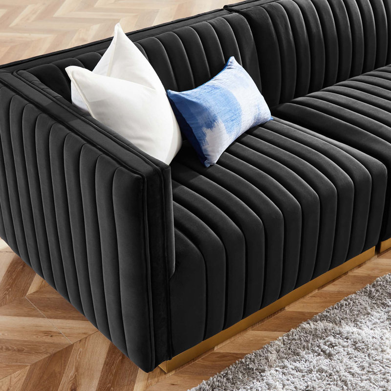 Conjure Channel Tufted Sofa by Modway, Gold, White Velvet, 28" H x 155" W x 36.5" D