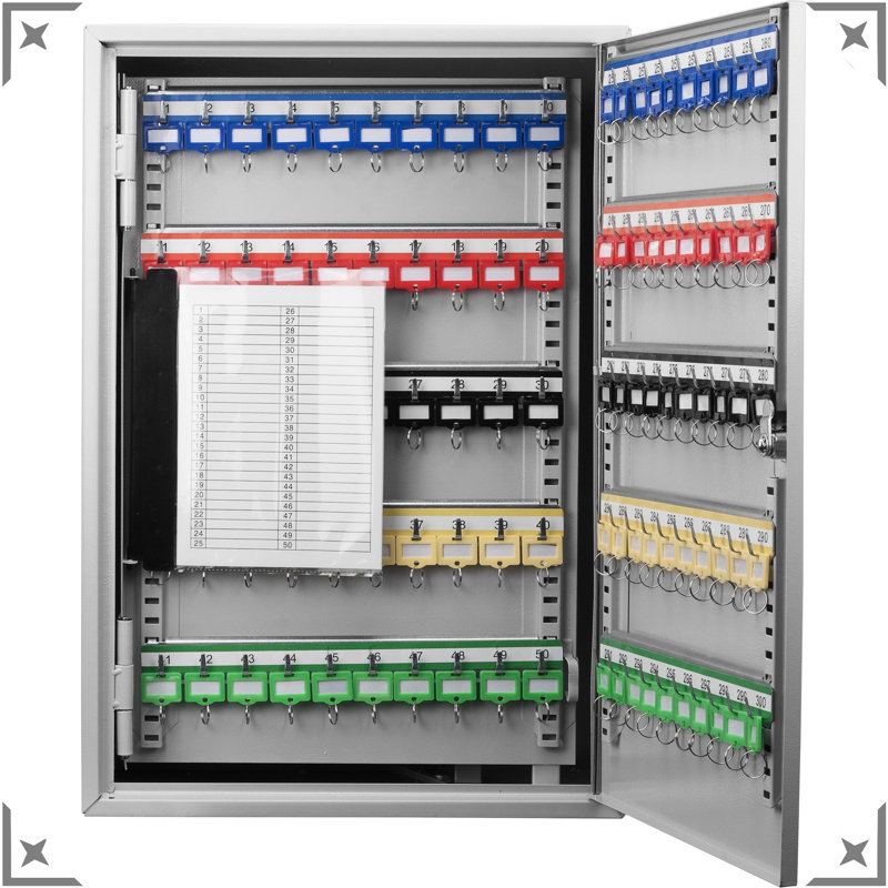 300 Key Adjustable Cabinet With Lock - Robust Steel Wall Mount Box Colorful Tags For Organized Storage Gray Various Places Locked Efficient Handling Different Shoppers
