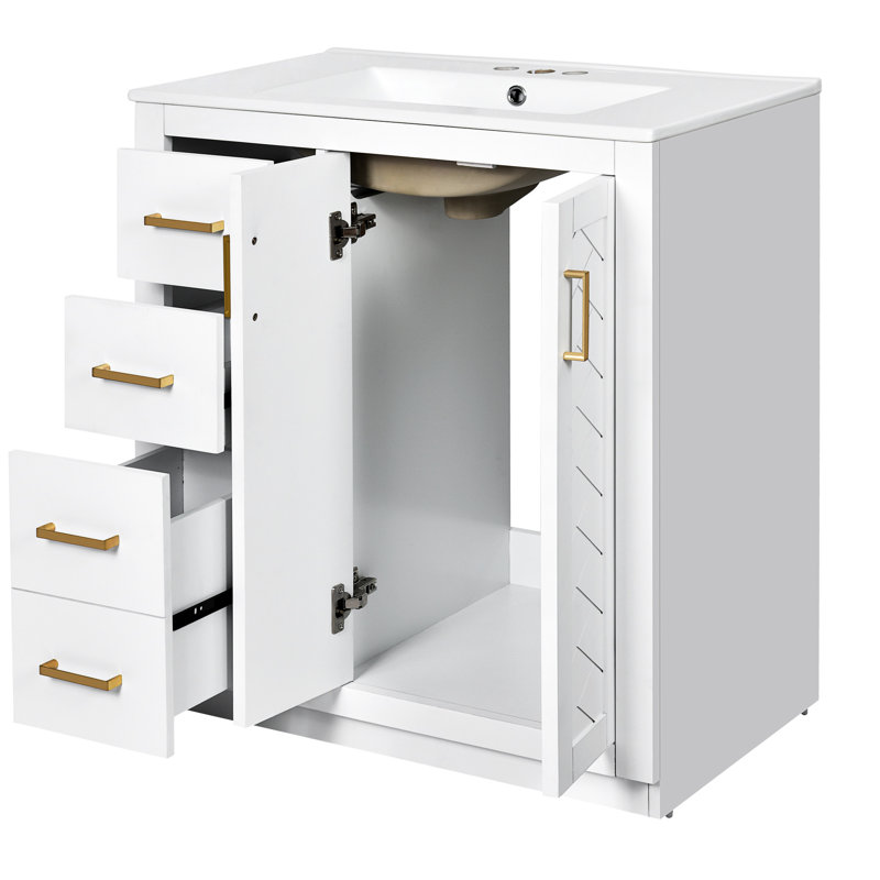 Armoire de salle de bain 30 po en céramique et meuble-lavabo moderne en bois massif avec 3 tiroirs pour une organisation soignée