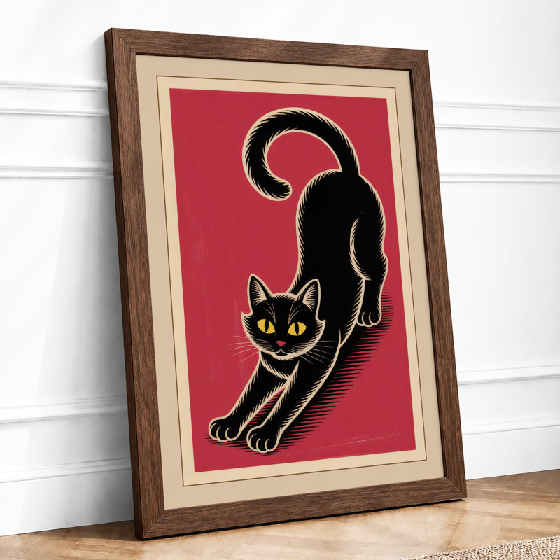 Stretching Cat Art Deco - Framed Print, A1 - 84.1 x 59.4 cm, Walnut