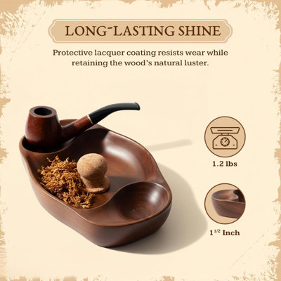 Walnut Tobacco Pipe Ash Tray with Cork Knocker - Handcrafted Vintage Wooden Ashtray w/Dual Pipe Rests - Polished Sturdy Cigar Ashtray For Outside Patio Home and Office Use